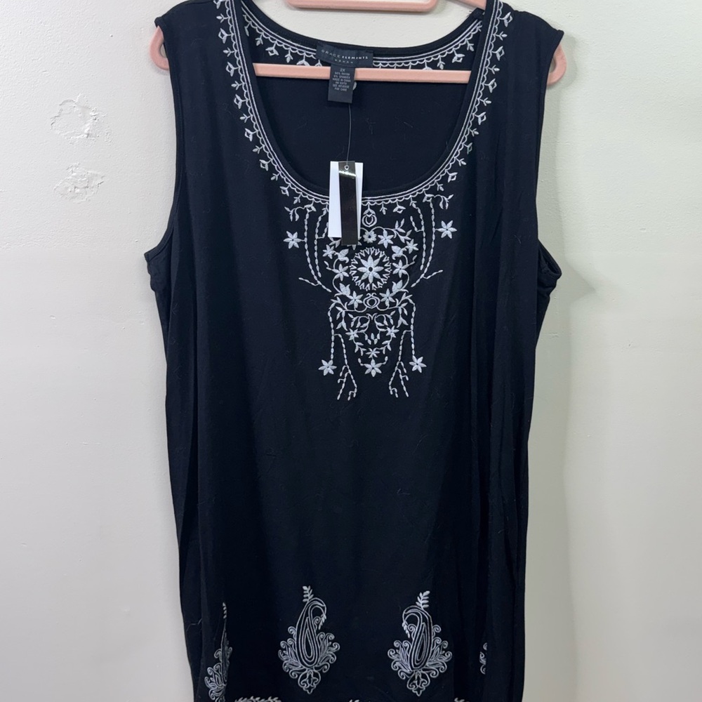 Grace Elements Black Tank with White Embroidered Motif